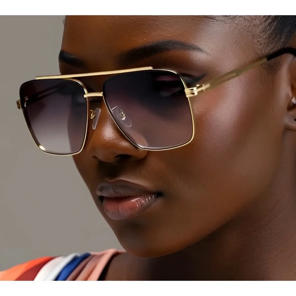 Gold Square Aviator Sunglasses Gradient Brown Lenses Women Luxury‎ Style Female